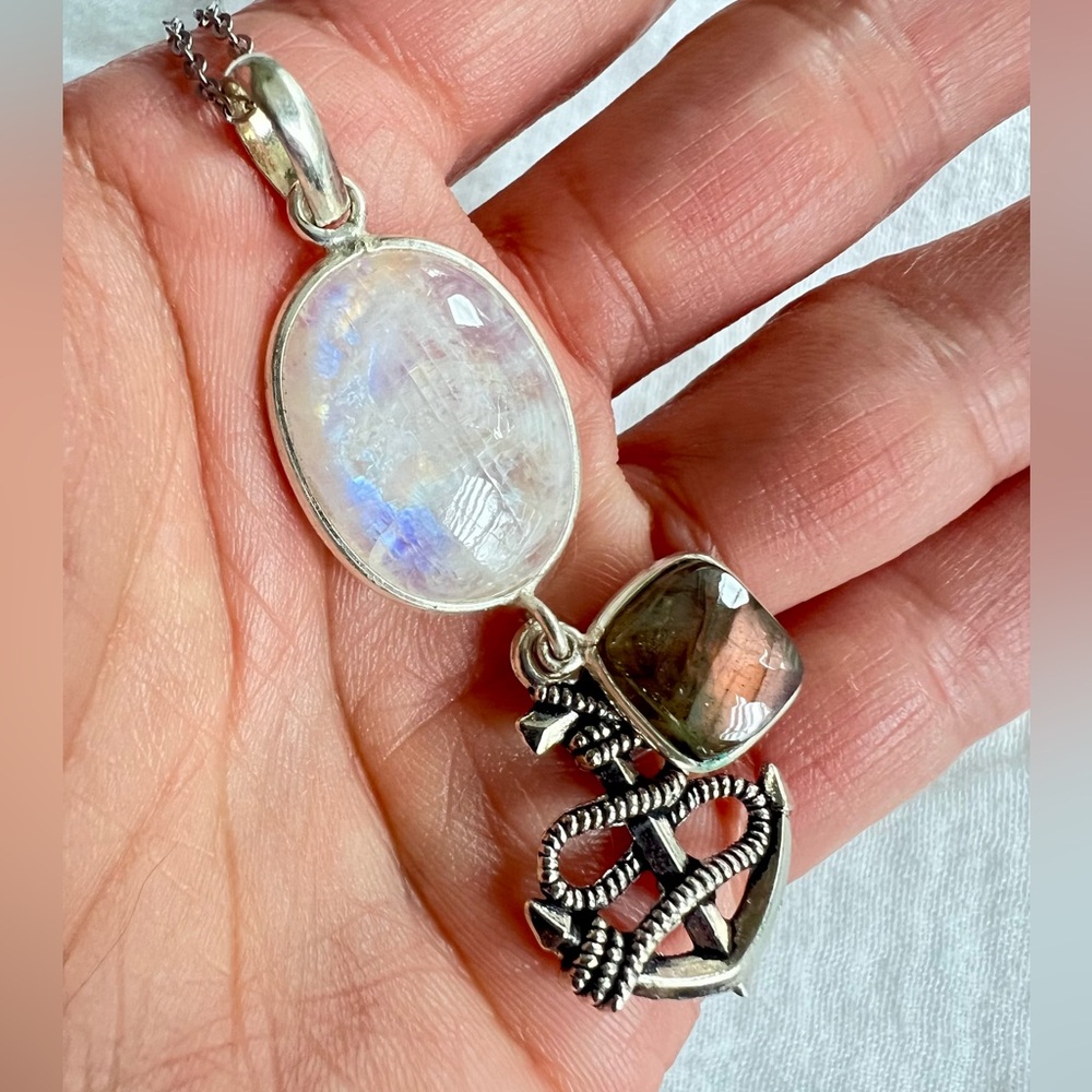 925 Anchor Rainbow Flash Moonstone + Purple Flash Labradorite Necklace Pendant